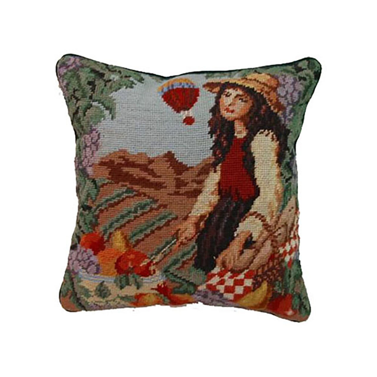 14&#x22; x 14&#x22; French Harvest Girl Needlepoint Pillow